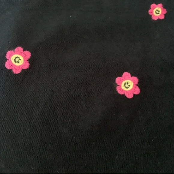 Cotton Wide-leg Leg Pants Embroidered Happy Face Flower Twill Party Pants BLK L - Picture 2 of 11